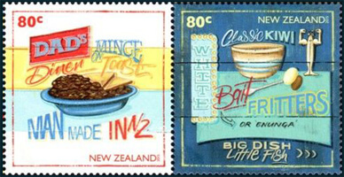 NZ 2015 Kiwi Kitchen 80c Dad's Diner stamp & 80c Classic Kiwi Bait Fritters stamp
