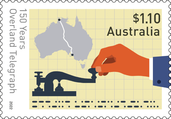 A $1.10 stamp issued by Australia in 2022 commemorating the 150th Anniversary of the Overland Telegraph Line