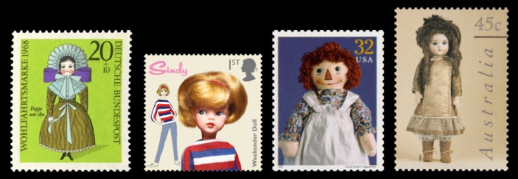 Four stamps from various countries depicting dolls of different eras
