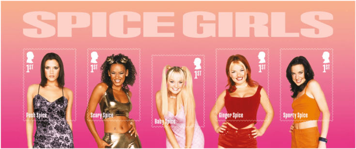 The five members of the Spice Girls are depicted on the 2024 character pack miniature sheet as part of the UK's 2024 Spice Girls stamp issue