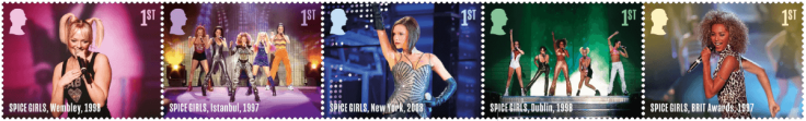 Stamps from the UK's 2024 Spice Girls issue depict two of the group's concerts, and individual images of Emma Bunton, Victoria Beckham and Mel Brown