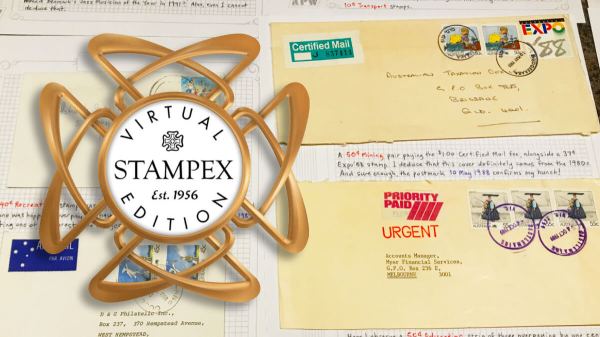 Two items of commercial mail can be seen behind the logo for Virtual Stampex 2024